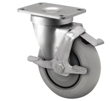 4" X 1-1/4" Non-Marking Rubber Soft Round Swivel Caster, Face Contact Brake, Loads Up To 250 lb